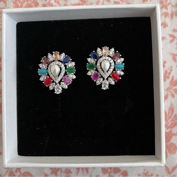 14k White Gold Plated 9 stone Earring - Picture 4 of 6